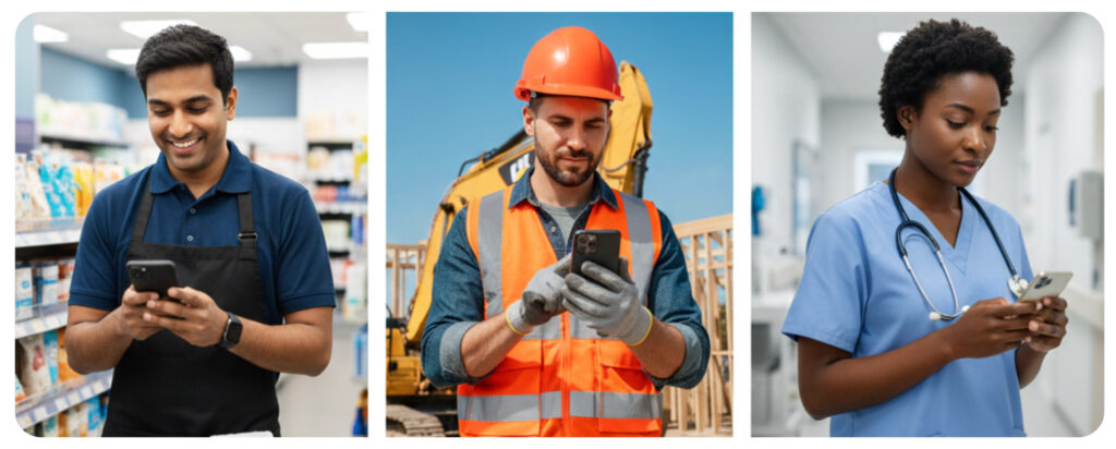** Three workers using smartphones in different professional settings: retail, construction, and healthcare.