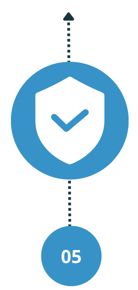 ** Circular security icon with checkmark and numbered connection line