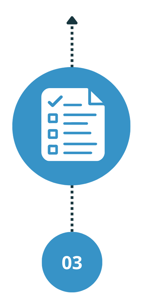 Icon of a checklist inside a circular blue background with text number 03 below.