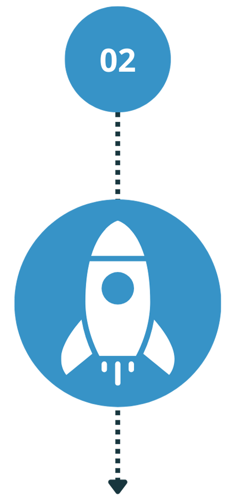 Step 2 in a graphic design process featuring a rocket icon