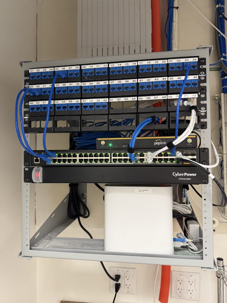 wall-mounted networking rack with equipment
