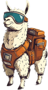 Llama with a backpack, sunglasses, smiling and ready work.